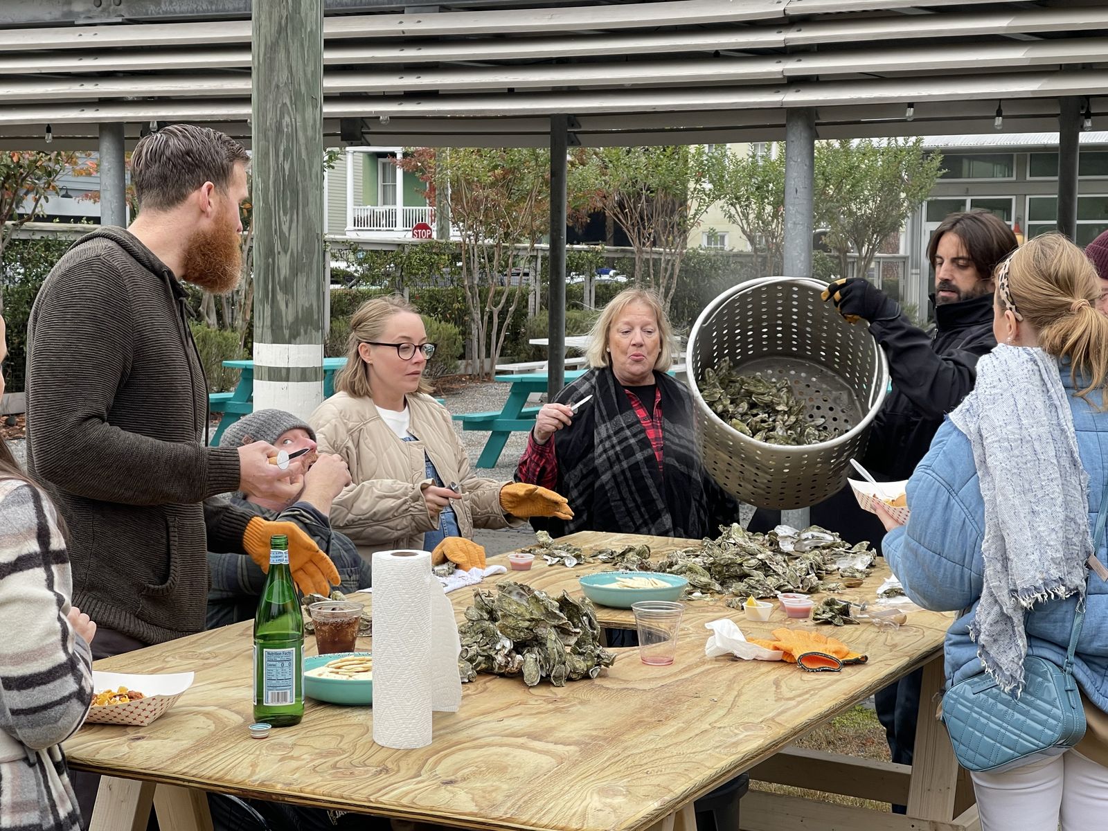 Traditional oyster roast at the picnic tables